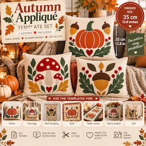 Puede incluir: Un conjunto de plantillas Autumn Appliqué con tres diseños para cojines, bolsos y edredones. El set incluye instrucciones para crear motivos de calabaza, seta y bellota. El tamaño final es de 35 cm.
