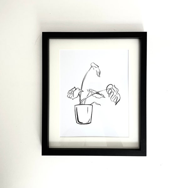 Black Line Illustration Framed Print Artwork | Black Ink Art | Monstera House Plant | Amber Badger | UK Artist