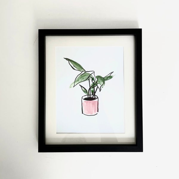 Black Line Illustration Framed Print Artwork | Watercolour Ink Art | Leafy House Plant | Amber Badger | UK Artist
