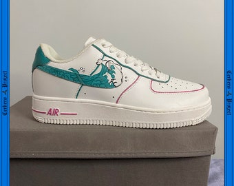 Custom air Force 1 waves Custom Sneaker AF1 white and blue turquoise