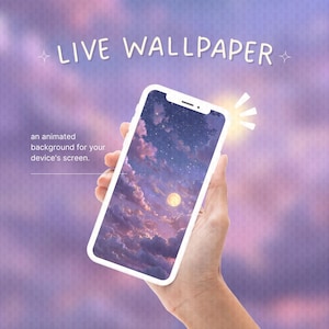 Könnte beinhalten: Ein Smartphone zeigt einen animierten Hintergrund eines Nachthimmels mit Vollmond und Wolken. Das Telefon wird vor einem lila und weißen Hintergrund gehalten. Der Text lautet "LIVE WALLPAPER" und "ein animierter Hintergrund für den Bildschirm Ihres Geräts."