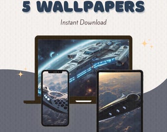 May include: Five digital wallpapers featuring spaceships in the sky. The wallpapers are displayed on a laptop, a smartphone, and a tablet.