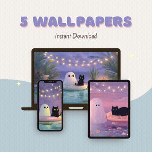 May include: Digital wallpapers displayed on a laptop, smartphone, and tablet. Each screen shows a whimsical scene with a ghost, a black cat, and string lights. The text "5 WALLPAPERS" and "Instant Download" are at the top.