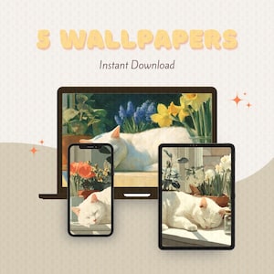 May include: Digital wallpaper set featuring a white cat sleeping near flowers, displayed on a laptop, smartphone, and tablet. The text "5 WALLPAPERS Instant Download" is at the top. The overall theme is a cozy, aesthetic design.