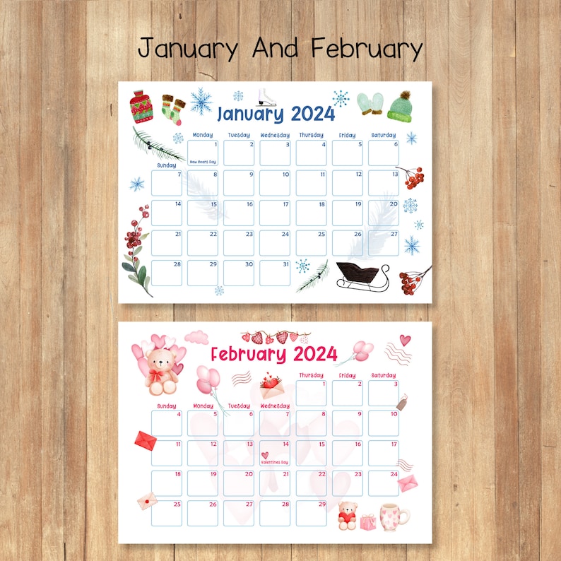 2024 Printable Calendars Printable Kids Calendars Watercolor Etsy