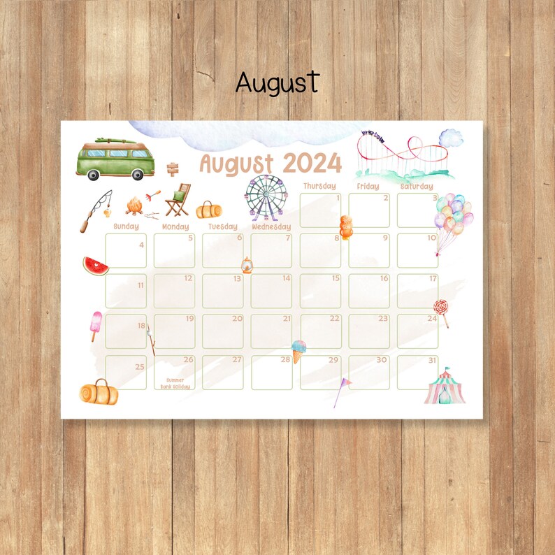 2024 Printable Calendars, Kids Calendars, Watercolor Calendars