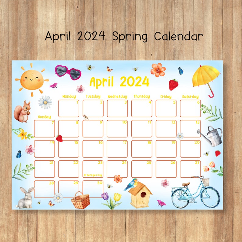 Printable April 2024 Calendar, Editable 2024 Calendar, Kids Spring
