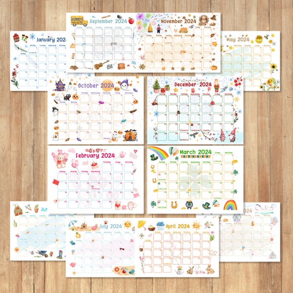 2024 Printable Calendars, Printable Kids Calendars, Watercolor Calendars, Homeschool Calendars, Kids Calendars, Cute Calendars, PDF Download