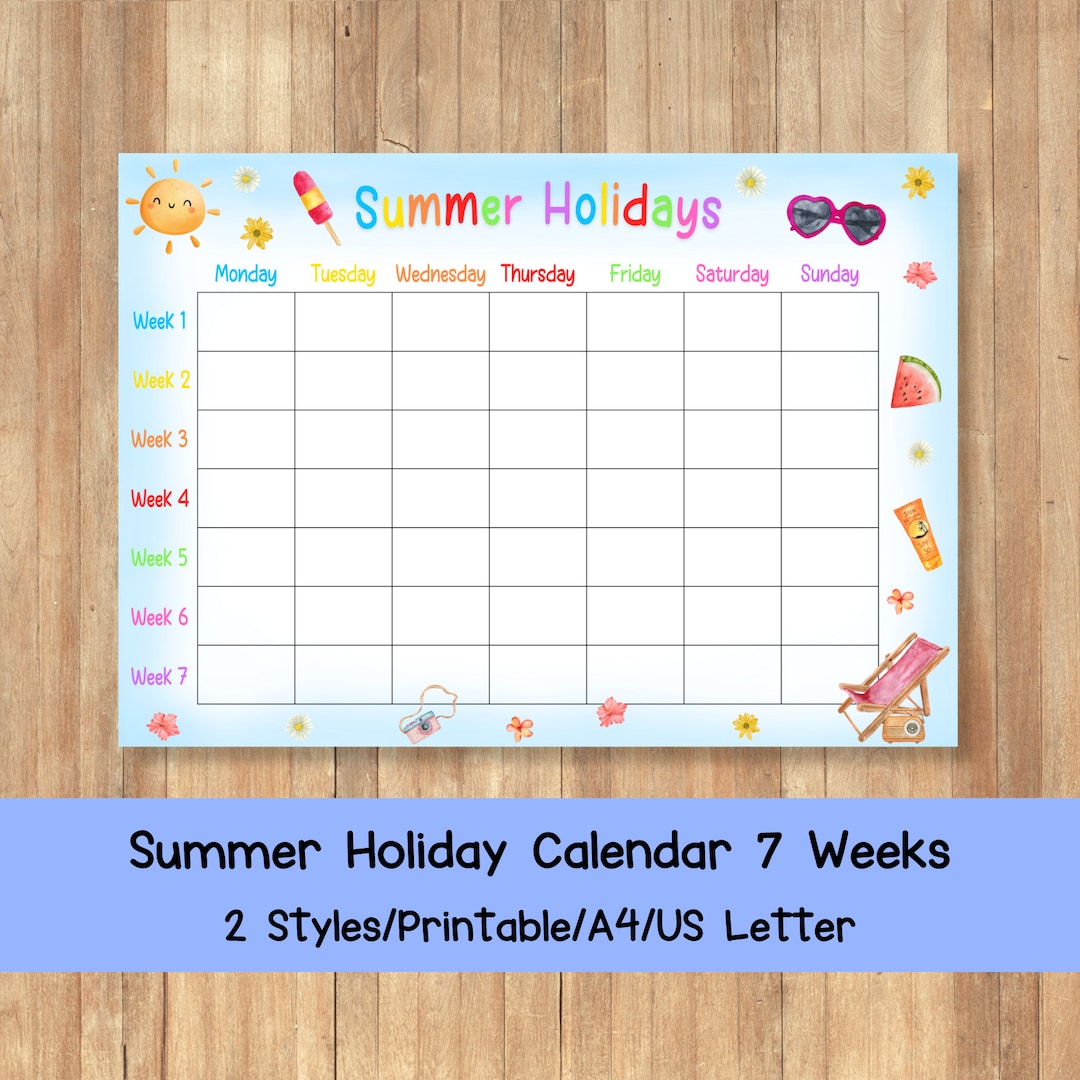 Printable Summer Holiday Planner, Kids Summer Holiday Calendar, Summer