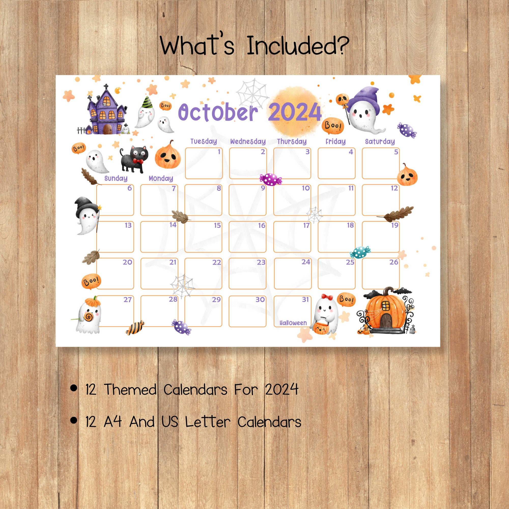 2024 Printable Calendars, Printable Kids Calendars, Watercolor