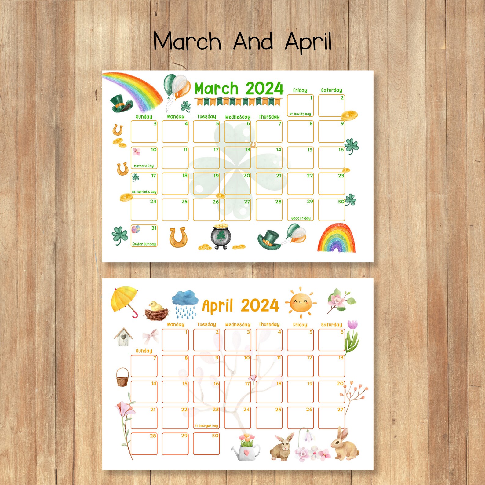 2024 Printable Calendars, Printable Kids Calendars, Watercolor