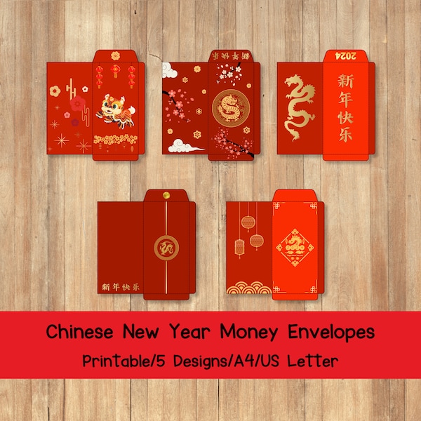 2024 Printable Chinese Money Envelopes, Red Money Envelopes, Year Of The Dragon, Lunar New Year Money Envelope, Lunar New Year Kids Activity