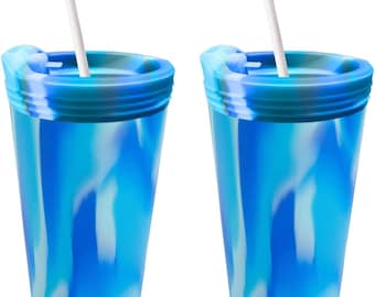 16oz Silicone Cups - Artic Blue Color - Pack of 2ct- Unbreakable-Dishwasher Safe- Lids and Staws Included