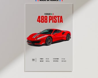 Car Poster Ferrari 488 Pista, Car Poster Print, Classic Car Wall