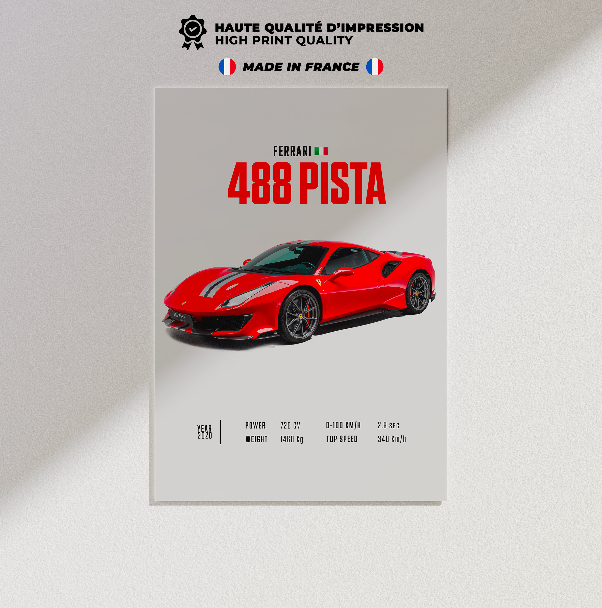 フェラーリ　849 ポスター Car Poster Ferrari 488 Pista, Car Poster Print, Classic Car Wall