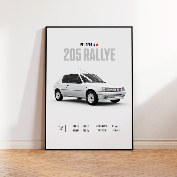 Car Poster Peugeot 205 Rallye, car poster print, classic car wall art, automotive decor, vintage car poster, custom car portrait