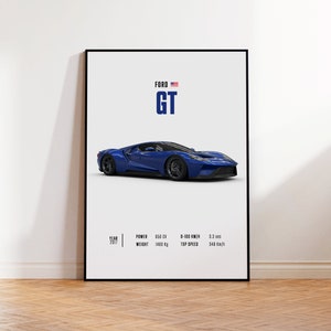 Car Poster Ford GT, car poster print, classic car wall art, automotive decor, vintage car poster, custom car portrait