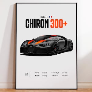 Autoposter Bugatti Chiron 300+, autoposterprint, klassieke auto-muurkunst, autodecoratie, vintage autoposter, aangepast autoportret