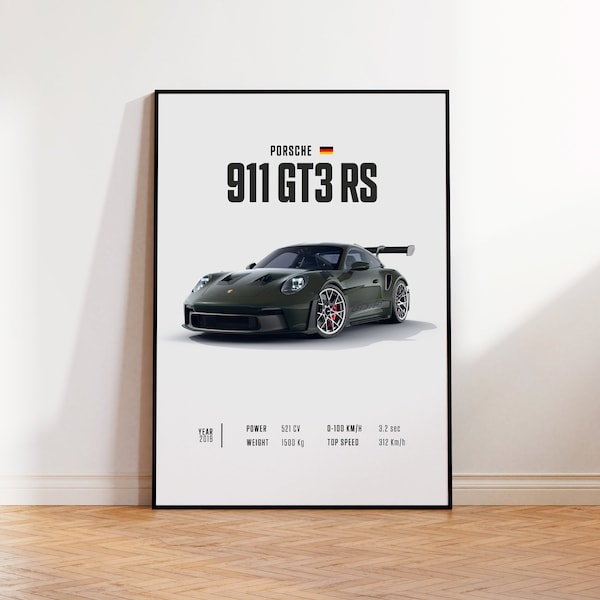 Cartel del coche Porsche 911 GT3 RS, impresión del cartel del coche, arte de la pared del coche clásico, decoración del automóvil, cartel del coche antiguo, retrato del coche personalizado