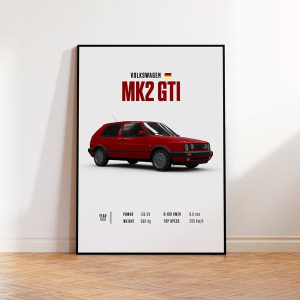 Car Poster Volkswagen MK2 GTI, car poster print, classic car wall art, automotive decor, vintage car poster, custom car portrait