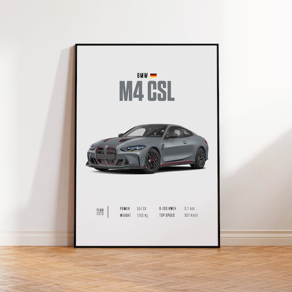 Car Poster BMW M4 CSL, car poster print, classic car wall art, automotive decor, vintage car poster, custom car portrait