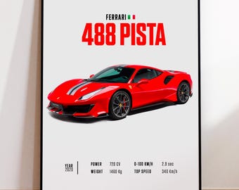 Car Poster Ferrari 488 Pista, Car Poster Print, Classic Car Wall