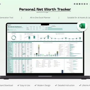 Outil Excel moderne de suivi de la valeur nette – Aperçu financier en temps réel – Idéal pour les finances personnelles – Cadeau unique pour les gourous de la gestion de l'argent