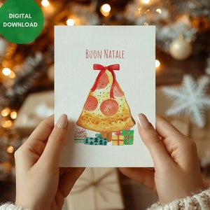 Tarjeta de felicitación navideña, tarjeta navideña imprimible, tarjeta italiana, Buon Natale, amante de la pizza, descarga instantánea, regalos, plantilla de sobre A7