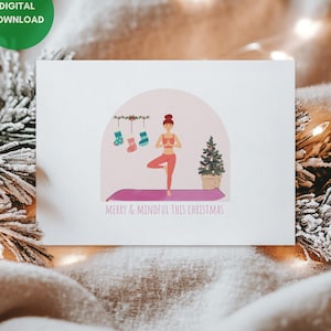 Yoga Christmas Card, Printable, Yoga Lover Gift, Christmas Gift, Instant Download,Holiday Card, Friends Gift, Merry & Mindful