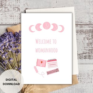 Eerste menstruatiekaart, Welcome To Womanhood-kaart, beterschapskaart, afdrukbaar, menstruatiekaart, vrouwencadeaus, cadeau voor dochter, cadeau voor nichtje