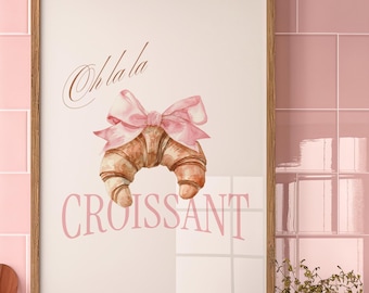 Coquette Croissant Print, Pink Bow French Kitchen Decor (Digital Download)