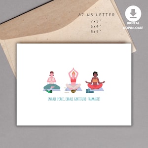 Tarjeta de yoga de gratitud imprimible, regalo de atención plena, arte Namaste de inhalación y exhalación, descarga instantánea, trabajo de respiración, plantilla de sobre A7
