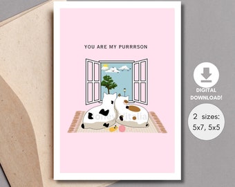 Verjaardagskaart, afdrukbare kunst, direct downloaden, kattenliefhebber, liefde, romantische cadeaus, liefdesdag, A7-envelopsjablonen