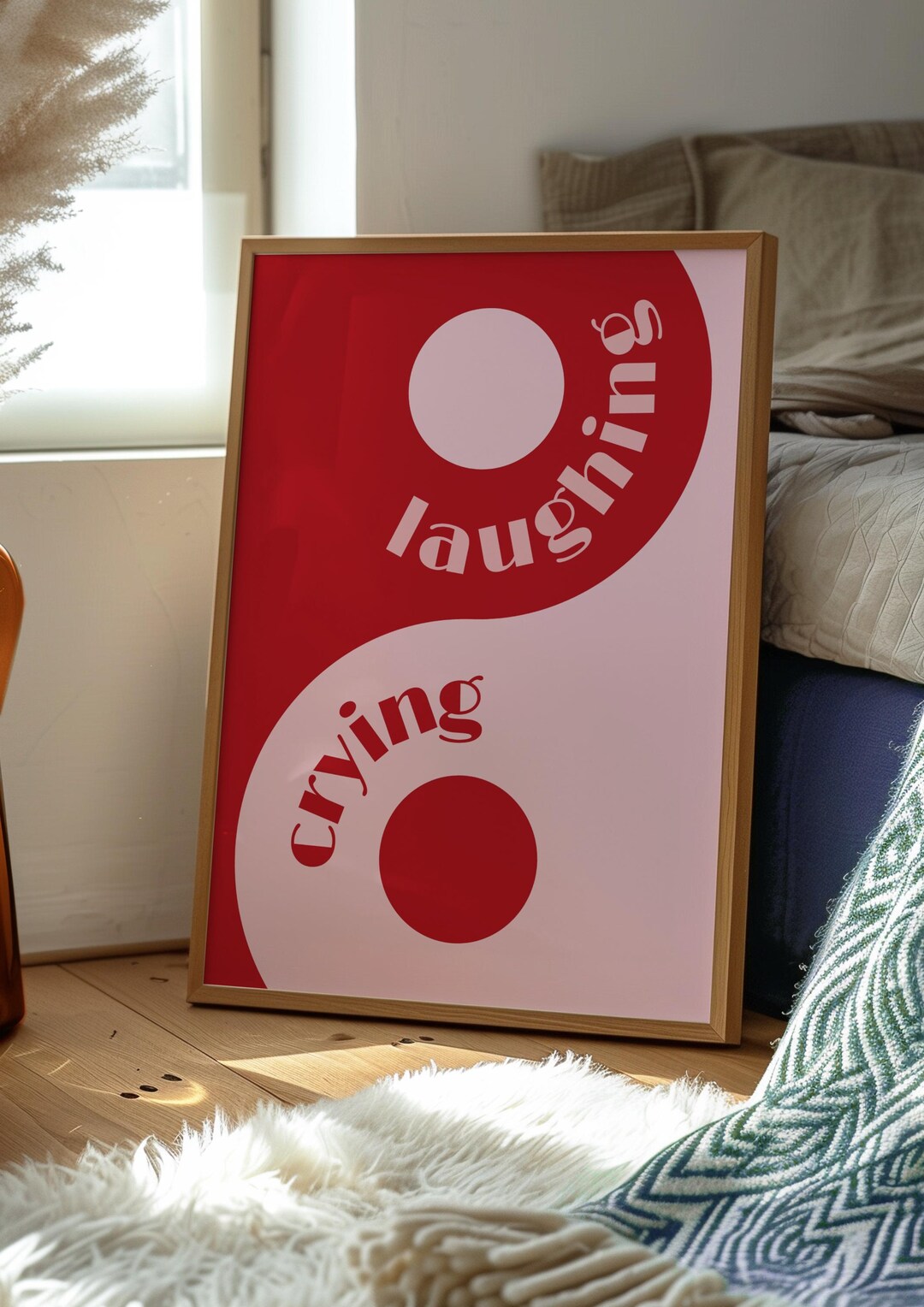 Yin Yang Laughing Crying Wall Art, Red and Pink Printable Poster ...