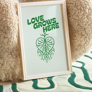 Love Grows Here Wall Art, Plant Lover Printable, Earthy Boho Heart Art, Nature Inspired Digital Download, Green Retro Quote Decor