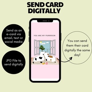 May include: A pink digital card with a white window and two white cats with black and brown spots sitting in the window. The text "YOU ARE MY PURRRSON" is at the top of the card. The card is on a smartphone screen.