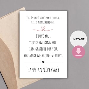Tarjeta de aniversario, imprimible, tarjeta de "te amo", descarga instantánea, regalo para esposo, regalo para esposa, plantilla de sobre A7, regalos románticos