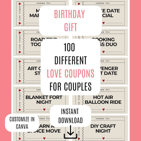 Birthday Gift, Love Coupons, Voucher, Digital Download, Printable, Couples Gift, Gift For Wife, Gift For Husband, Gift For Partner
