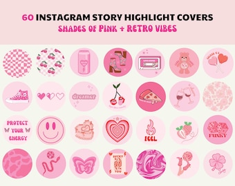 60 Retro Instagram Highlight Cover Icons, Pink Tones Aesthetic IG Story Highlight Covers, Instant Download, Groovy Highlight Covers, IG