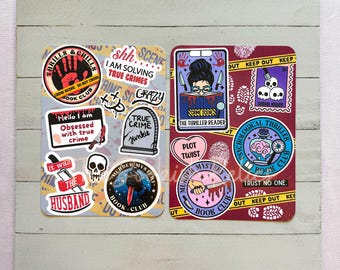 May include: A set of 10 colorful stickers featuring true crime and thriller book club themes. The stickers feature various designs, including a skull, a tombstone, a knife, and a book. The text on the stickers includes phrases like "True Crime Junkie", "Murder Mystery Book Club", and "Trust No One".