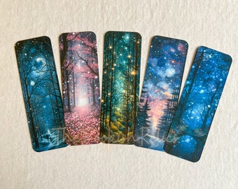 May include: Set of five bookmarks featuring a forest scene with a starry night sky. Each bookmark has a different color scheme and design, with a variety of trees and stars.