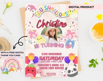 Squish Birthday Invitation with Photo, Kawaii Characters, Cute Squishies Characters, Axolotl, Cow Birthday Invitation Template