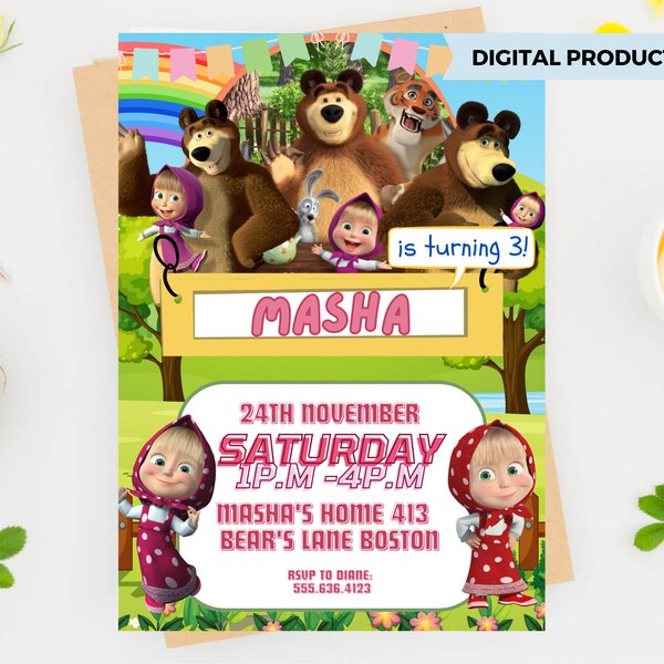 Masha and The Bear Birthday Invitation, Masha and the Bear Party Invite, Garden Birthday Invitation for Girls Birthday, Masha Theme Birthday