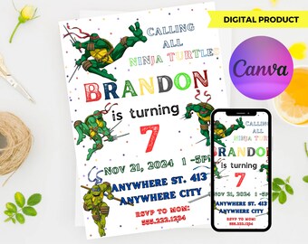 Ninja Turtle Birthday Invitation, Editable Turtles Birthday Party Invite, Green Turtle Party, Mutant Ninja Invitation, Printable Invite