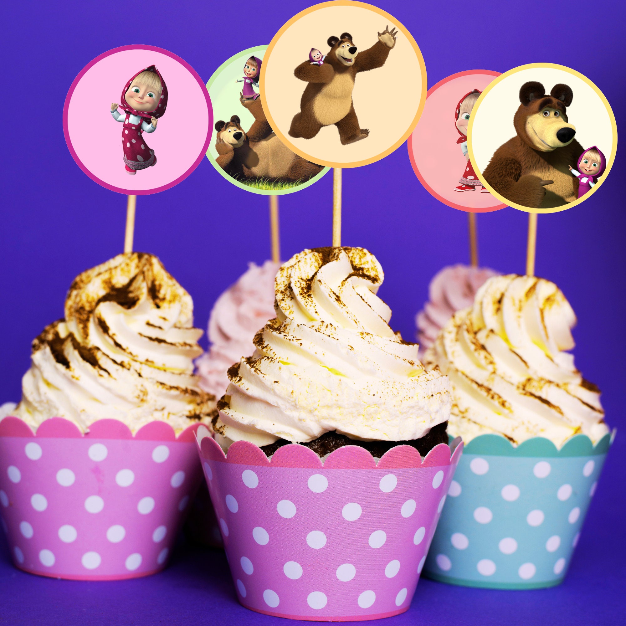 Masha and the Bear Cupcake Toppers Masha and the Bear Party Happy ...