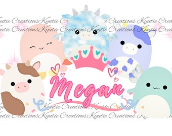 May include: A pink, blue, and white unicorn, cow, axolotl, and blue cow with a pink crown and the name Megan in pink letters. The background is white with a sparkle effect.