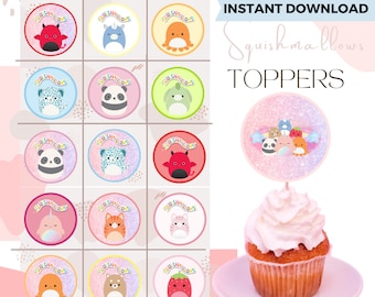 Squish Cupcake Toppers, Squish Party Favor Cupcake Toppers, Cake Topper, Circular Cupcake Toppers Squishy Party