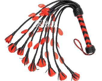 Real Genuine Cow Hide Leather Flogger 9 Braided Falls Heavy Red Roses Cat-o-nine Tails, Gift for her, Mature