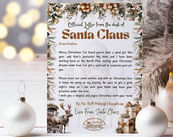 May include: A festive Christmas letter from Santa Claus with a brown background and gold lettering. The letter is addressed to Kristina and includes a message from Santa Claus wishing her a Merry Christmas. The letter is decorated with a festive border of green leaves and red berries.