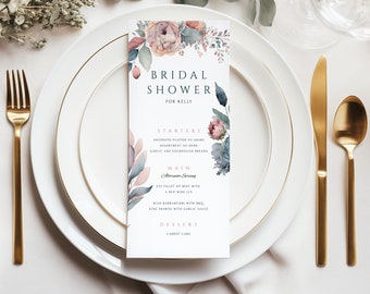 May include: A bridal shower menu card featuring a watercolour floral design in shades of pink, blue, and green. The menu includes starters, main course, and dessert. The text reads "Bridal Shower for Kelly".